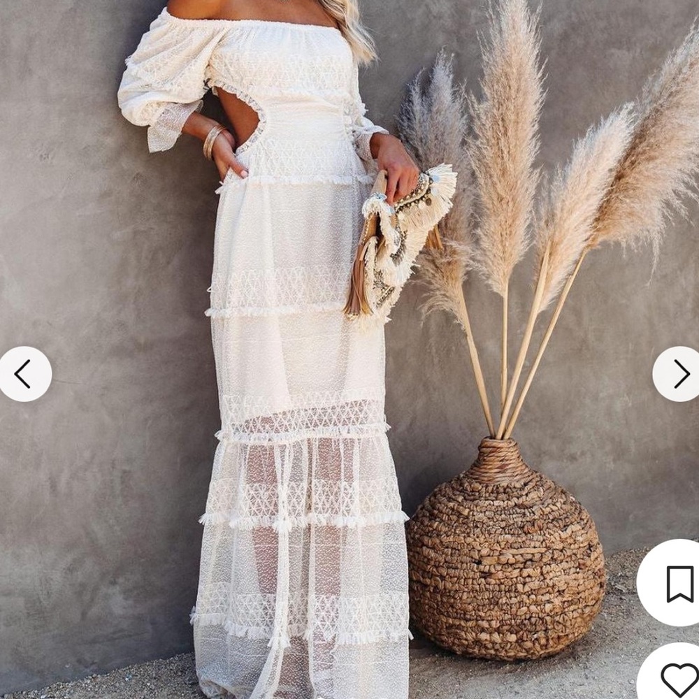 NWT Skylar Rose Lace Porsha Tiered Prairie Off Shoulder Open Back Maxi Dress